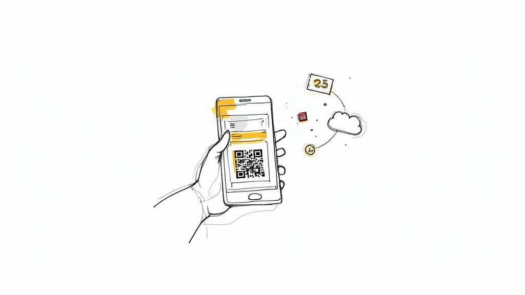 A hand holds a smartphone displaying a QR code, with icons for calendar, cloud, and time, representing digital ticketing.