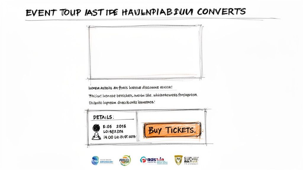 A hand-drawn wireframe sketch for an event ticket sales page, featuring details and a buy tickets button.