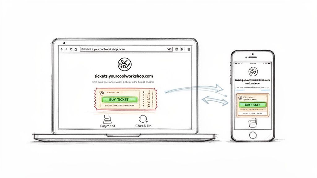 Hand-drawn wireframe demonstrating white label event ticketing on a laptop and mobile phone.