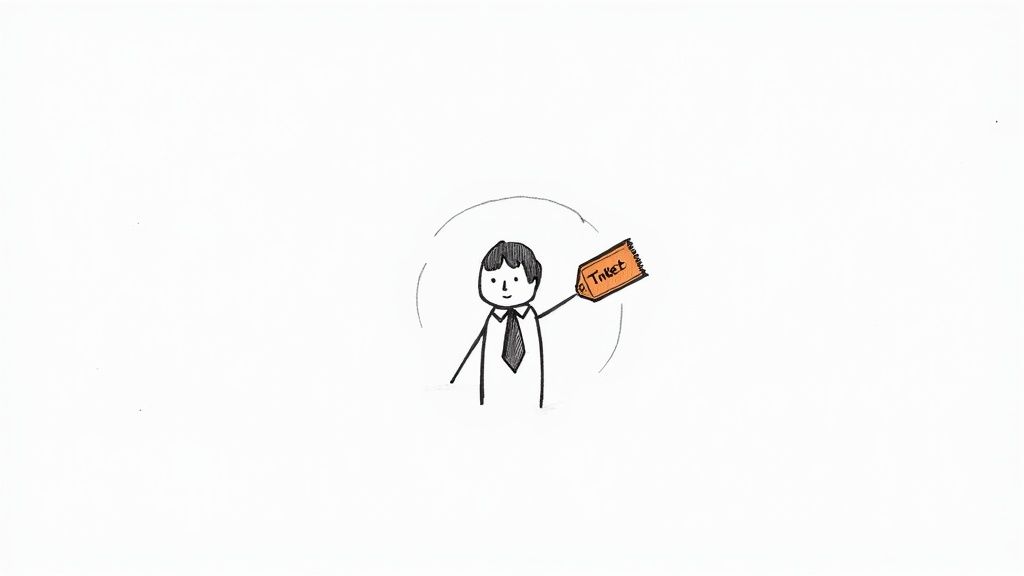 A simple cartoon drawing of a man in a tie holding up an orange ticket labeled 'Ticket'.