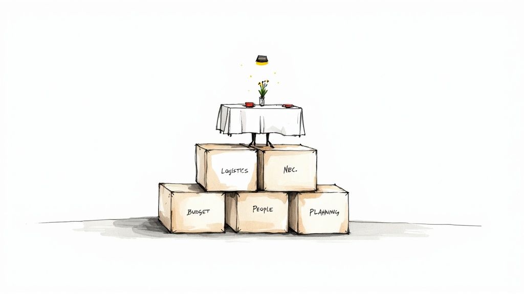 Pyramid of labeled boxes showing event management foundation with logistics, negotiation, budget, people, and planning skills