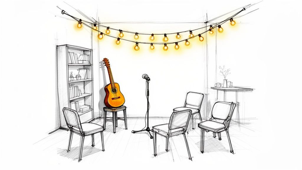 A charming sketch of a cozy live music setup with a guitar, microphone, string lights, and chairs.