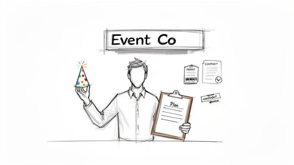 A business sketch showing an event planner holding a party hat and 'Plan' clipboard, representing event management.