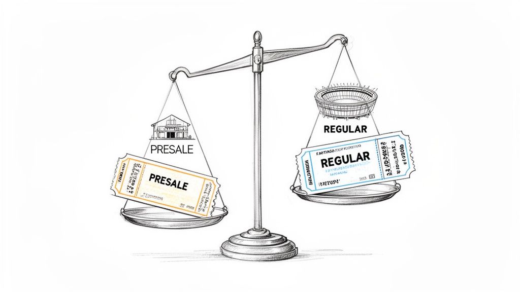 A scale balances presale tickets with a house against regular tickets with a stadium, comparing their value.