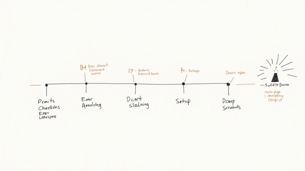 Hand-drawn timeline showing event management phases from permits to throne with detailed milestones