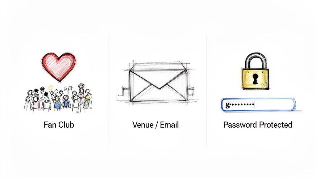 Three sketches illustrating fan club, email/venue, and password protection for exclusive access.