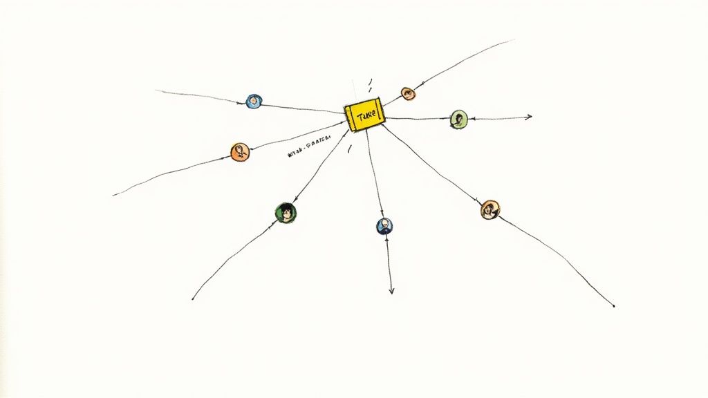A hand-drawn diagram showing a central 'Tracke' box connected to multiple user icons with arrows.