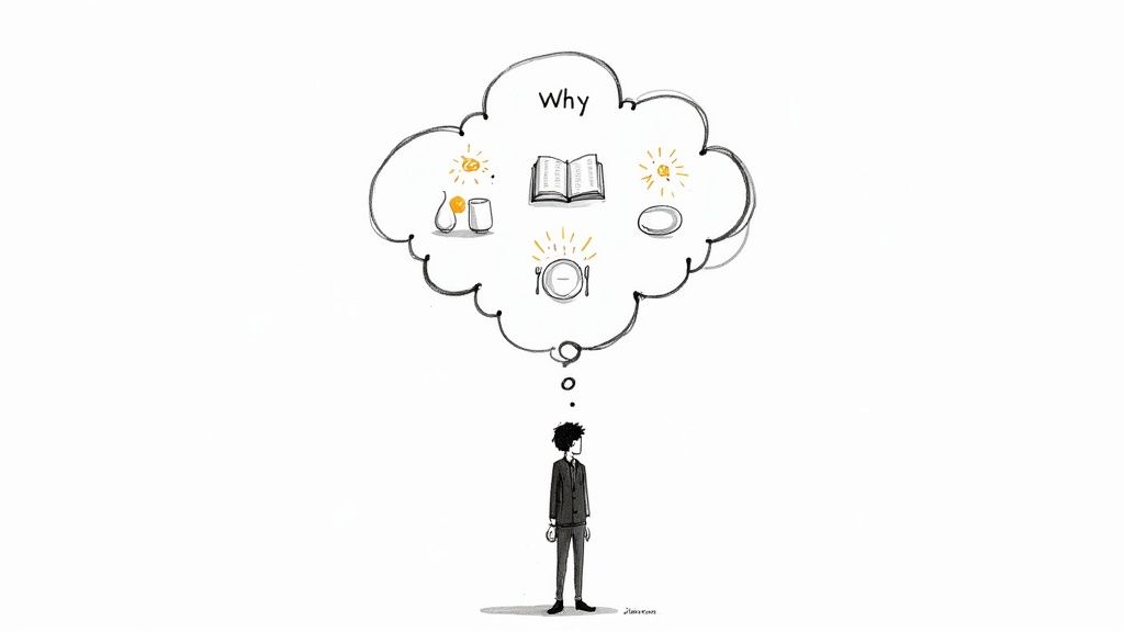 Man looks at a thought bubble containing 'Why' and icons of daily life, questioning purpose.