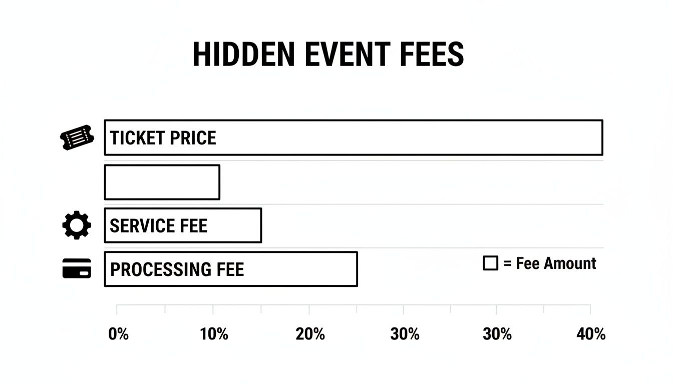 Bar chart titled 'Hidden Event Fees' showing ticket price, service fee, and processing fee amounts.