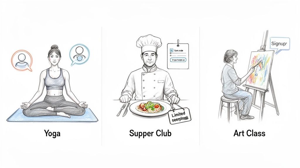 Illustrations of people engaged in yoga, a supper club, and an art class, representing various event types.