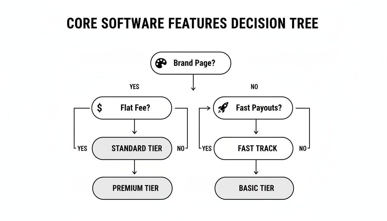A decision tree flowchart showing core software features leading to different service tiers.