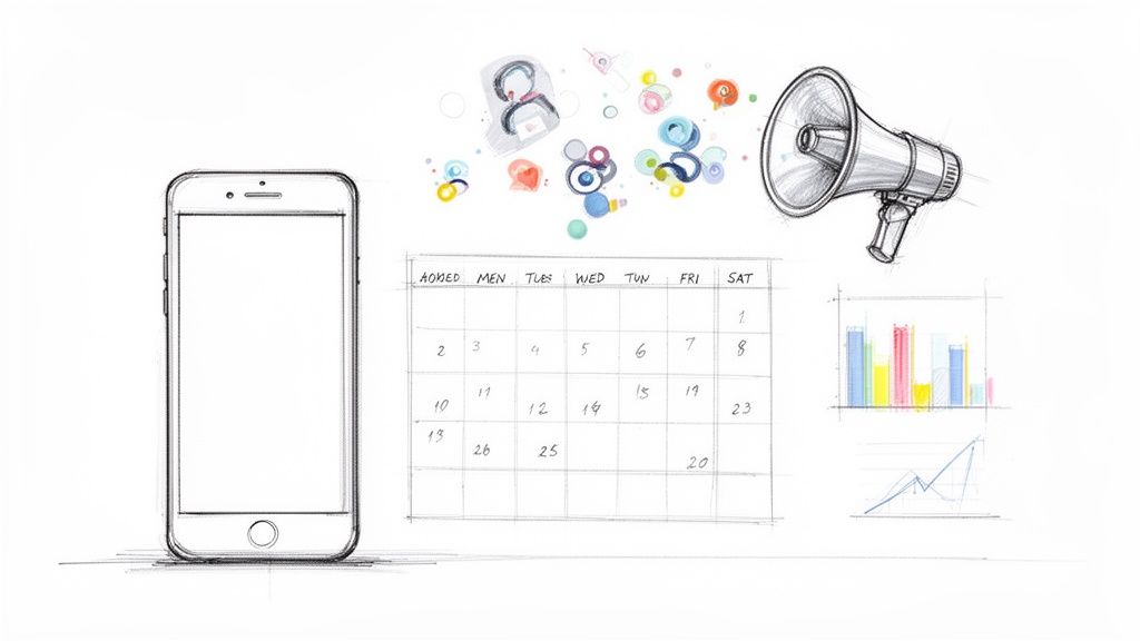 A hand-drawn illustration showing a smartphone, calendar, megaphone, and colorful business-related graphs.