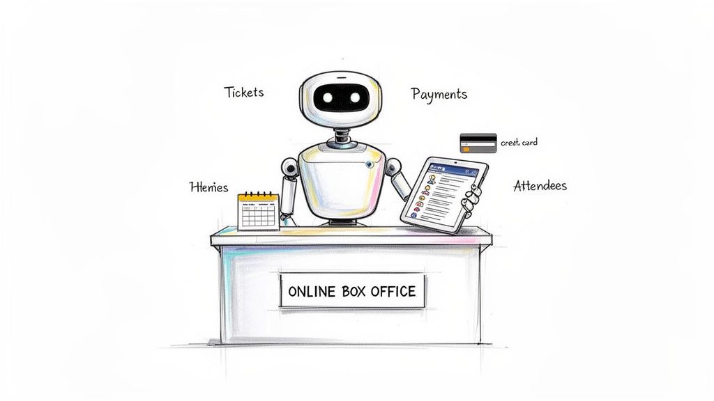 An illustration of a robot at an online box office, managing tickets, payments, and attendees for events.