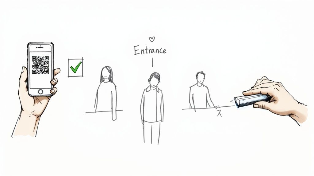 A hand holds a smartphone displaying a QR code, indicating successful ticket scan for event entry.