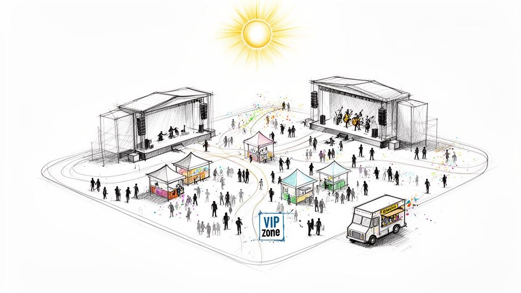 Sketch illustration of a bustling outdoor music festival with two stages, food stalls, and a crowd.