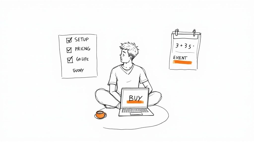 A cartoon showing a person setting up and selling event tickets online with a checklist and calendar.