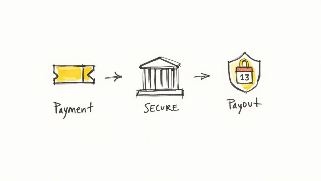 A diagram showing a payment ticket, moving through a secure bank, to a payout shield with a calendar and padlock.