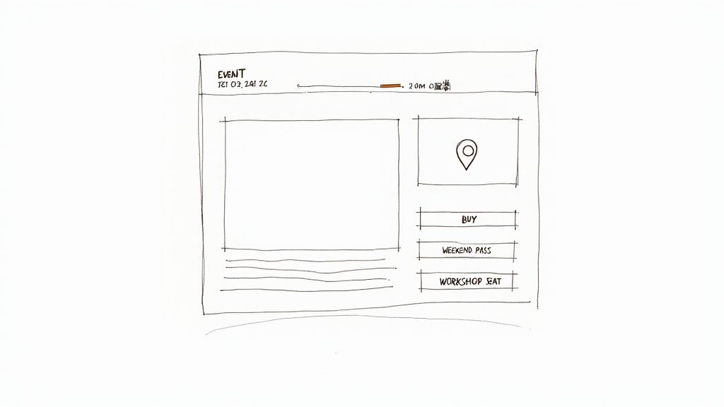 Hand-drawn wireframe of an event detail page with date, progress bar, image, map, and three action buttons.