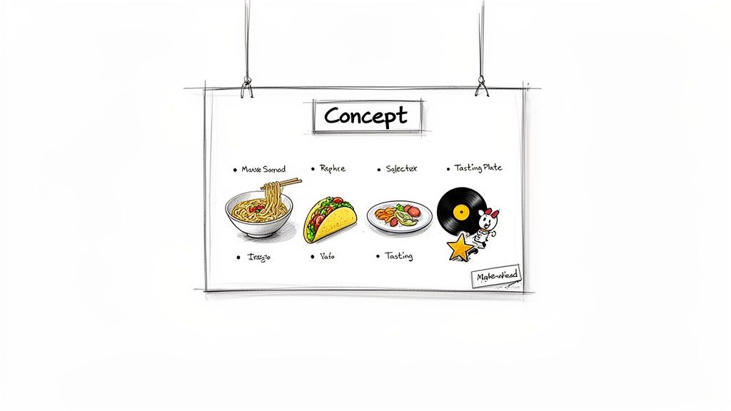 A concept board illustrating different food items like noodles, tacos, a tasting plate, and a vinyl record.