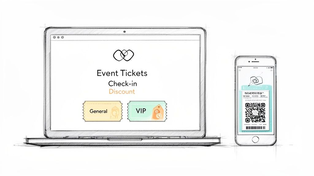 Sketch of a laptop displaying event ticket check-in options and a smartphone showing a digital ticket with a QR code.