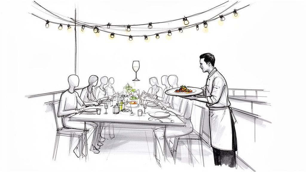 A black and white sketch depicts a waiter serving food to guests seated at a long outdoor dining table under string lights.