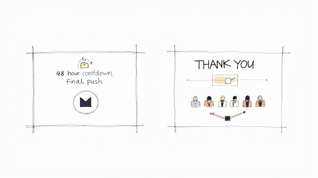 Event marketing countdown notification and thank you slide with team illustration for attendee engagement