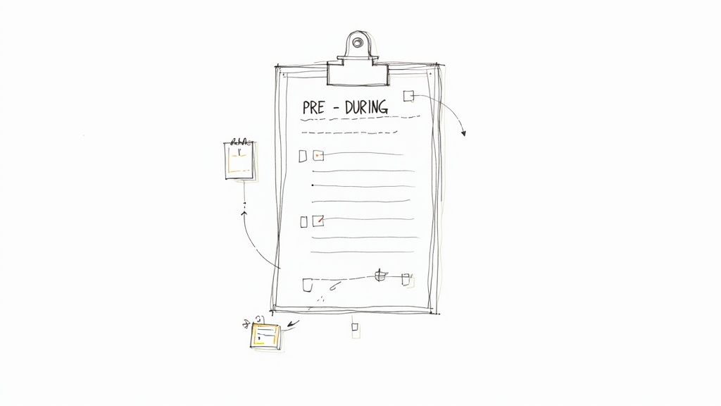 Hand-drawn illustration of a clipboard with a 'PRE - DURING' checklist, featuring tasks and notes.