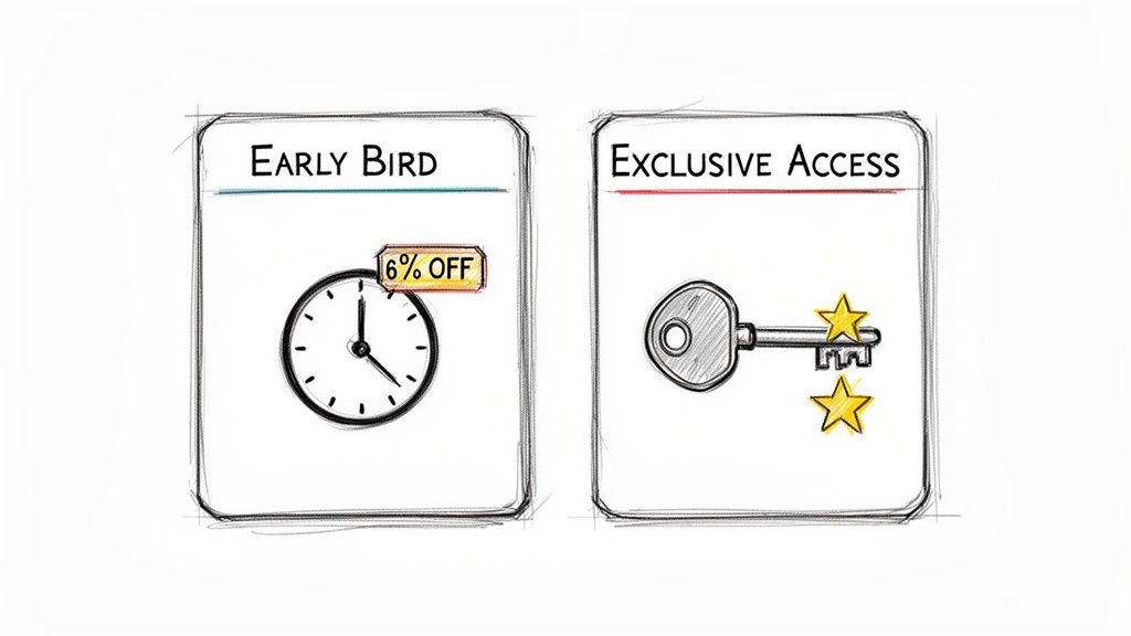 Two illustrated cards: 'Early Bird' with a clock and 6% off, and 'Exclusive Access' with a key.