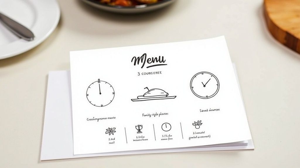A white menu card with whimsical, hand-drawn illustrations and text, likely for a supper club or special meal.