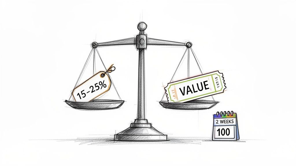 A balance scale shows a 'VALUE' ticket outweighing a '15-25%' discount tag, with a '2 WEEKS 100' calendar.