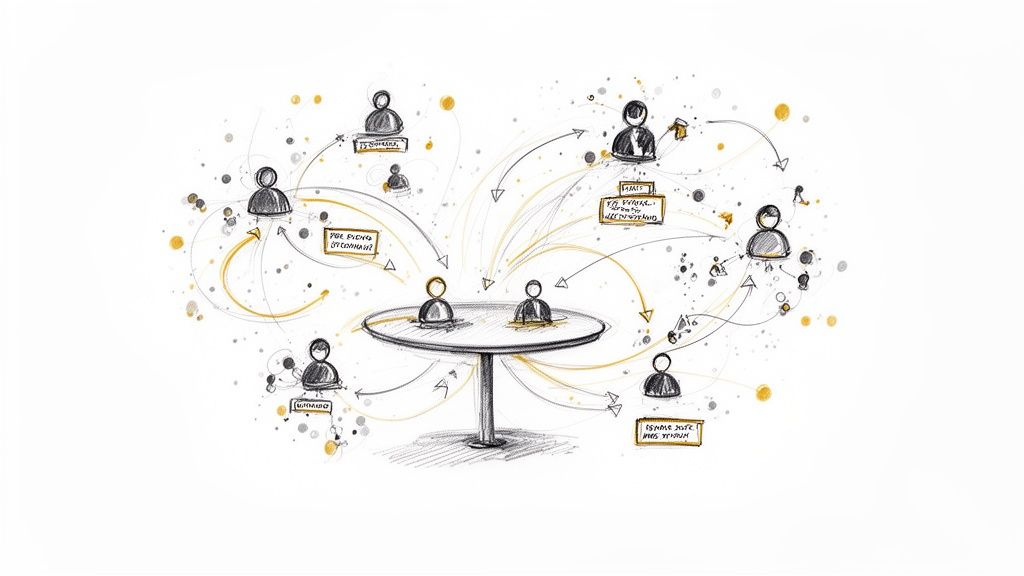 A hand-drawn sketch visualizing a business network, communication, and collaboration with people around a table.