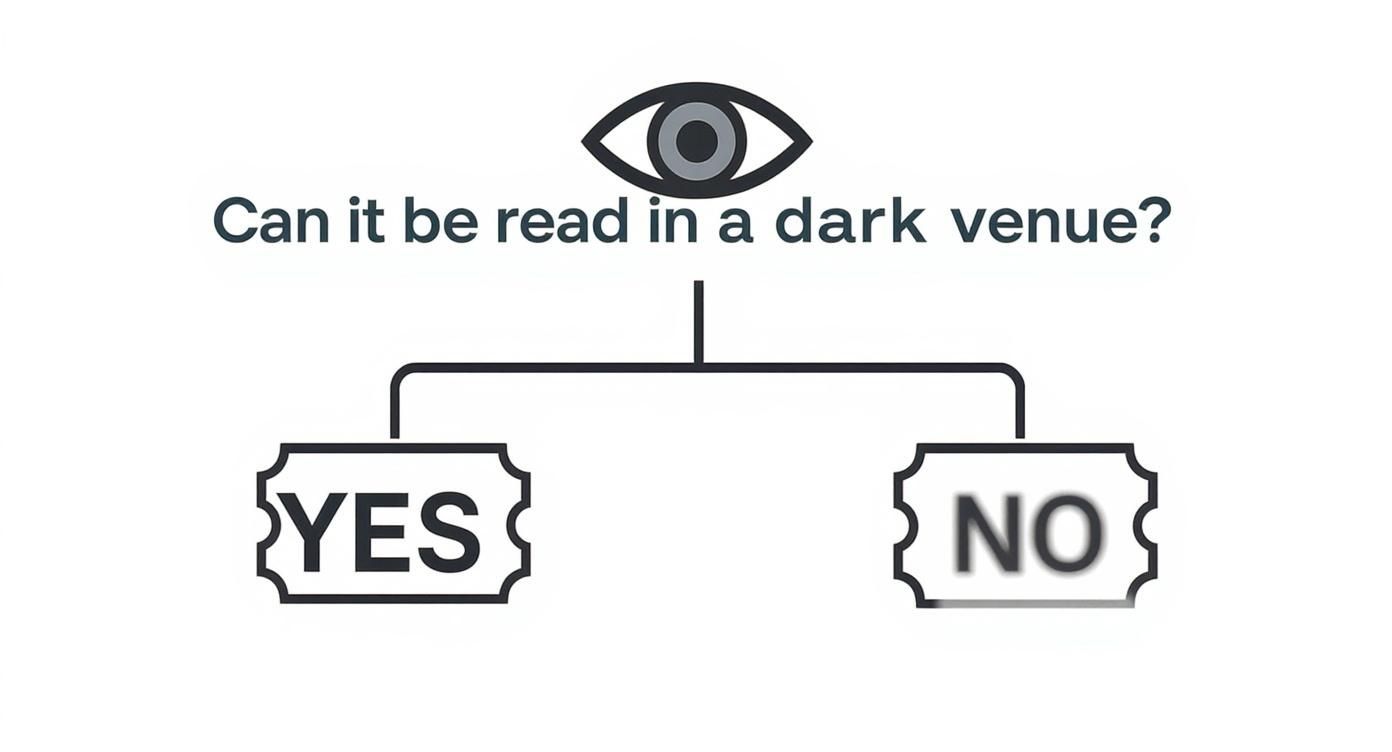 Infographic decision tree asking if a ticket can be read in a dark venue.