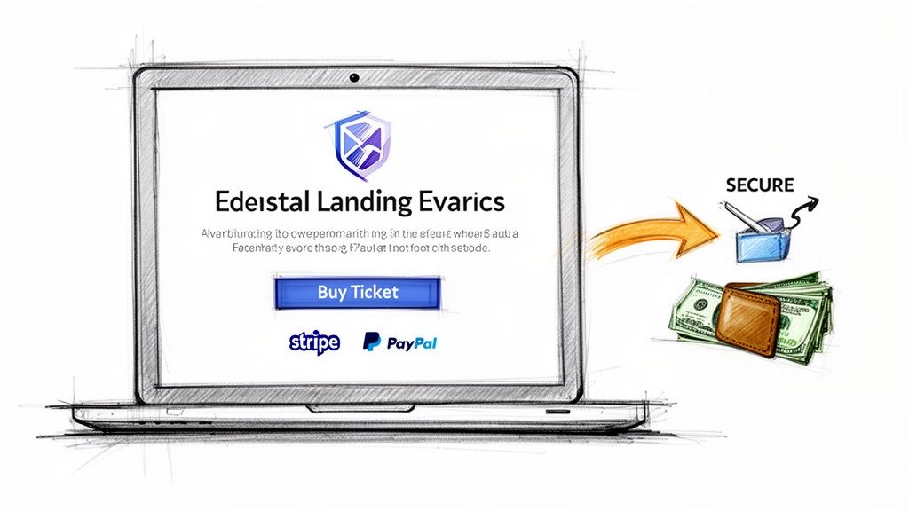 Sketch of a laptop displaying event ticket registration with secure online payment options like Stripe and PayPal.