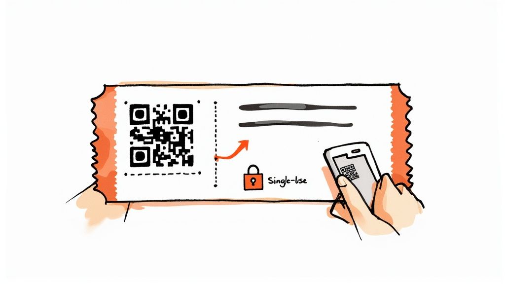 A hand holds a ticket with a QR code, while another scans it with a smartphone, indicating single-use access.
