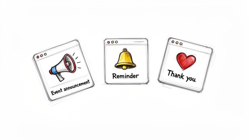 Hand-drawn digital notifications show an event announcement megaphone, a reminder bell, and a thank you heart.