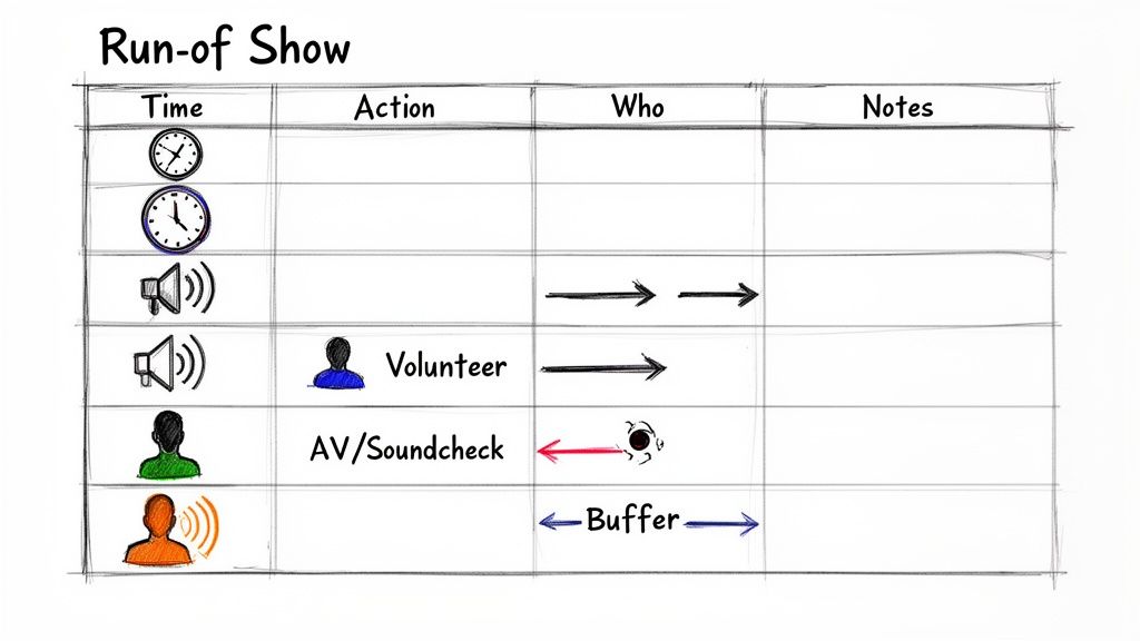 A hand-drawn run-of-show timeline for events, showing columns for time, action, who, and notes.
