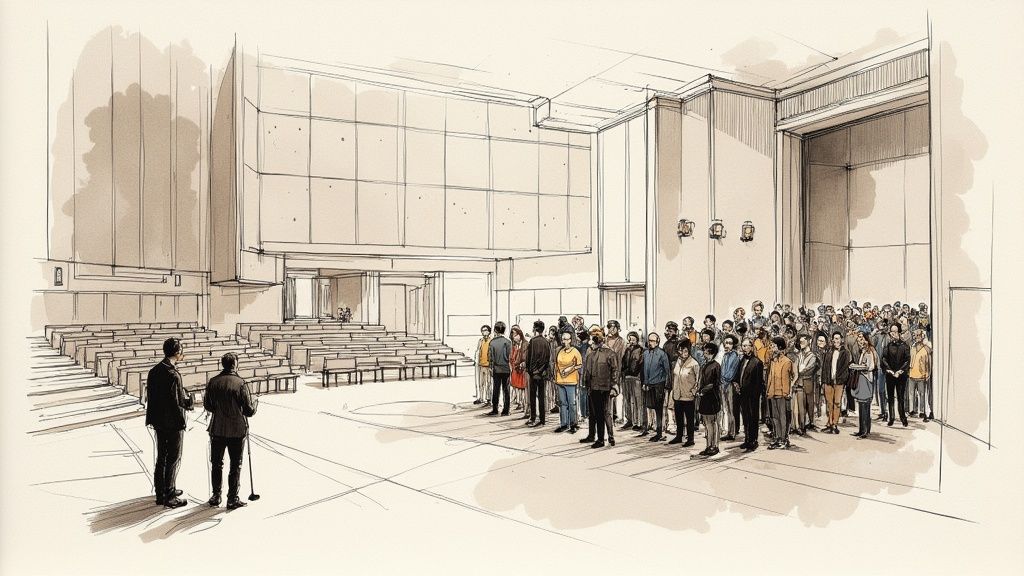 A sketch of a large hall with two speakers facing a crowd and empty auditorium seating.