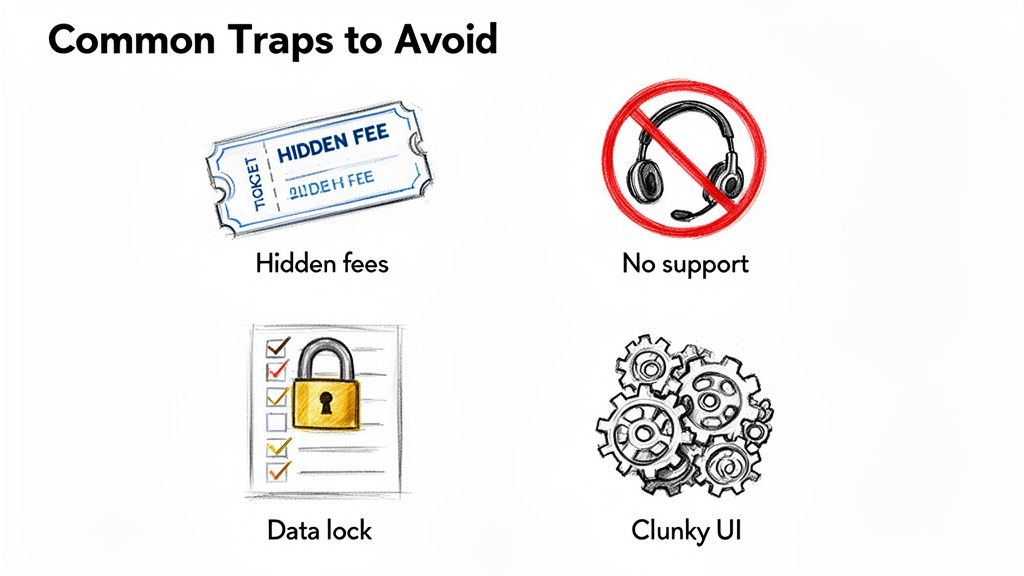 Illustrates common pitfalls like hidden fees, no support, data lock, and clunky UI to avoid.