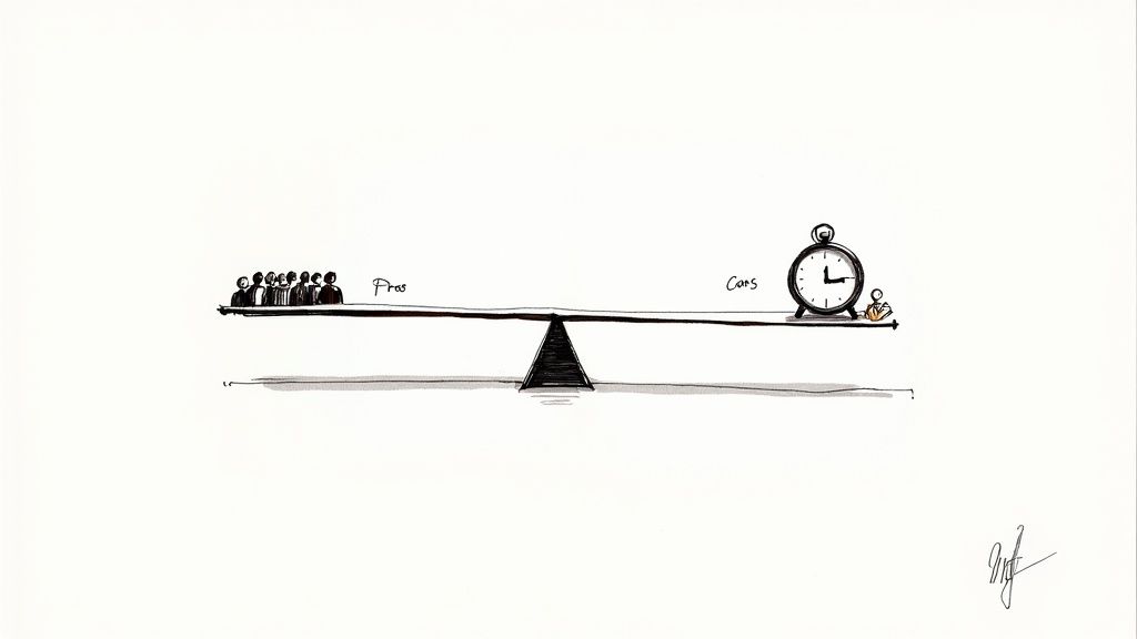 Illustration of a balance scale comparing 'Pros' represented by people with 'Cons' represented by an alarm clock and time.