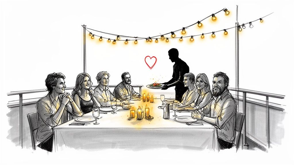 Eight people enjoying an outdoor candlelit dinner served by a waiter under festive string lights.