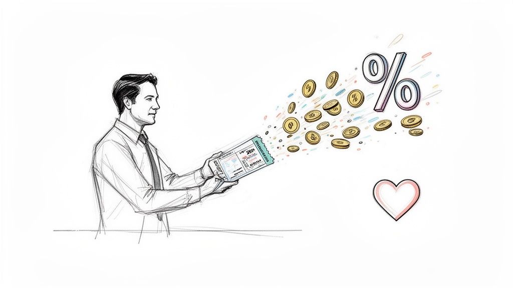 Sketch of a man holding a ticket, with coins and a percentage symbol flowing out towards a heart.