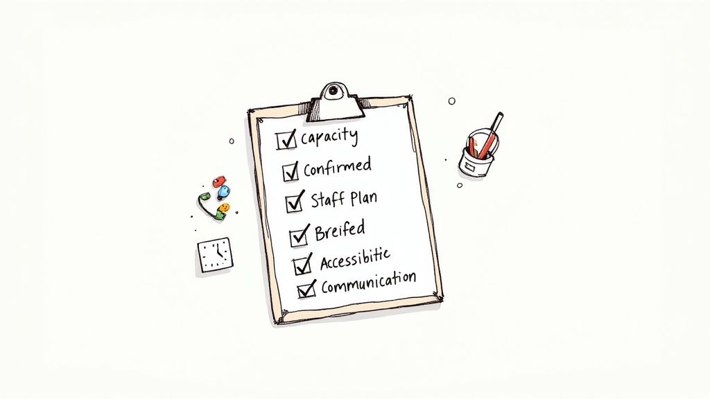 A hand-drawn clipboard with a checklist for event planning, including capacity, staff, and communication.