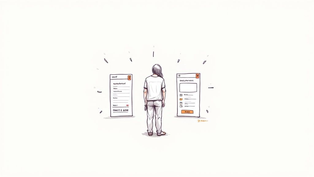 Person standing between two event management platform interfaces comparing ticketing website options