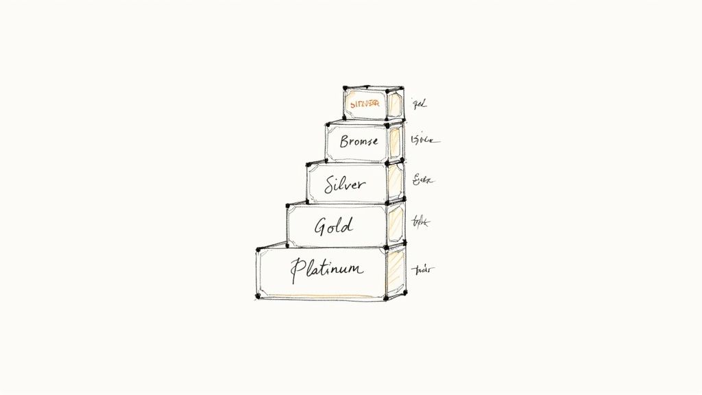 A drawing of five stacked boxes, labeled Platinum, Gold, Silver, Bronze, and Sitzver, illustrating a tiered system.