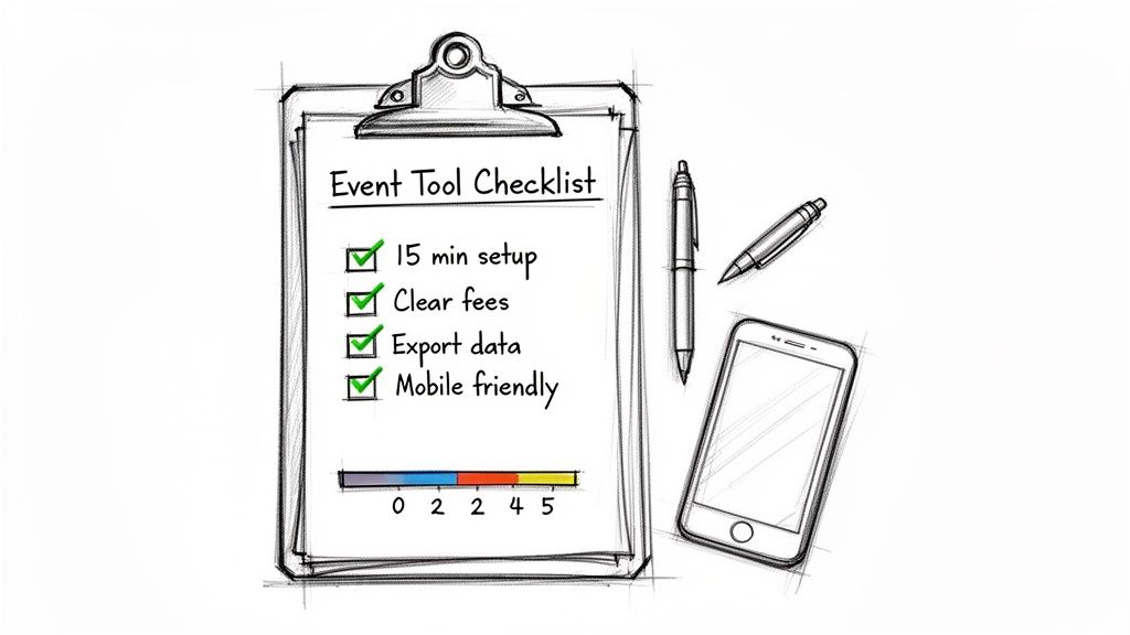 A hand-drawn image of an 'Event Tool Checklist' on a clipboard, showing four checked items, with pens and a smartphone nearby.