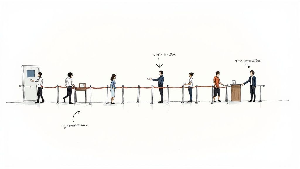 Illustration showing people queuing behind velvet ropes, guided by staff and instructions at an entrance.