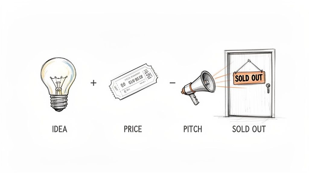 A visual formula: Idea (lightbulb) plus Price (ticket) minus Pitch (megaphone) equals Sold Out door.