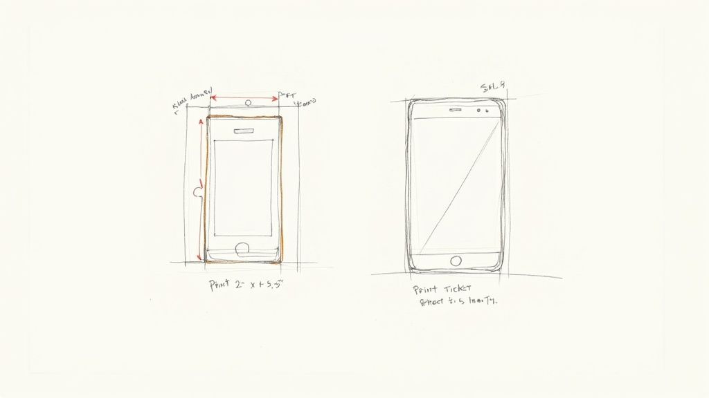 Two pencil sketches of mobile phones with notes and measurements for event ticket templates.