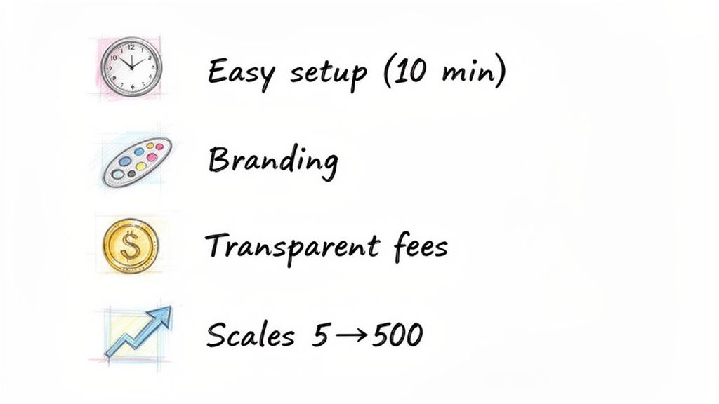 An illustrated list of product features including quick setup, branding, transparent fees, and scalability.