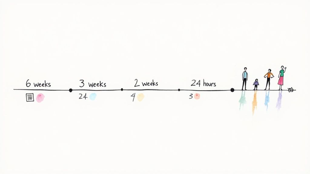 Event promotion timeline showing six weeks to twenty-four hours before event with family attending